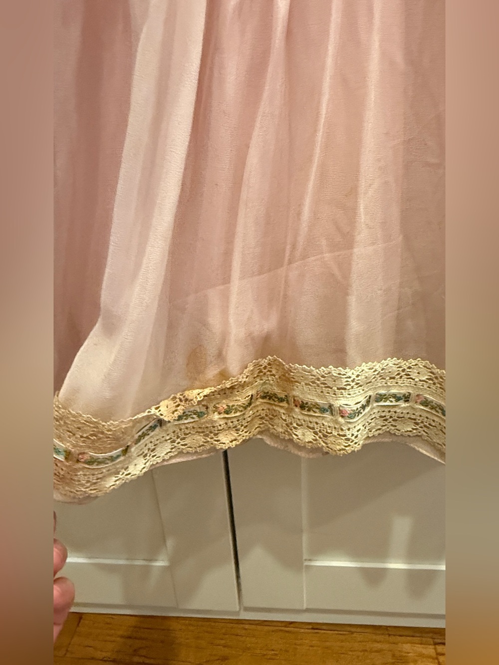 Vintage 1970s Pink Chiffon Prairie Maxi Dress Gown Ribbons Lace Trim XS S Boho - Picture 16 of 17